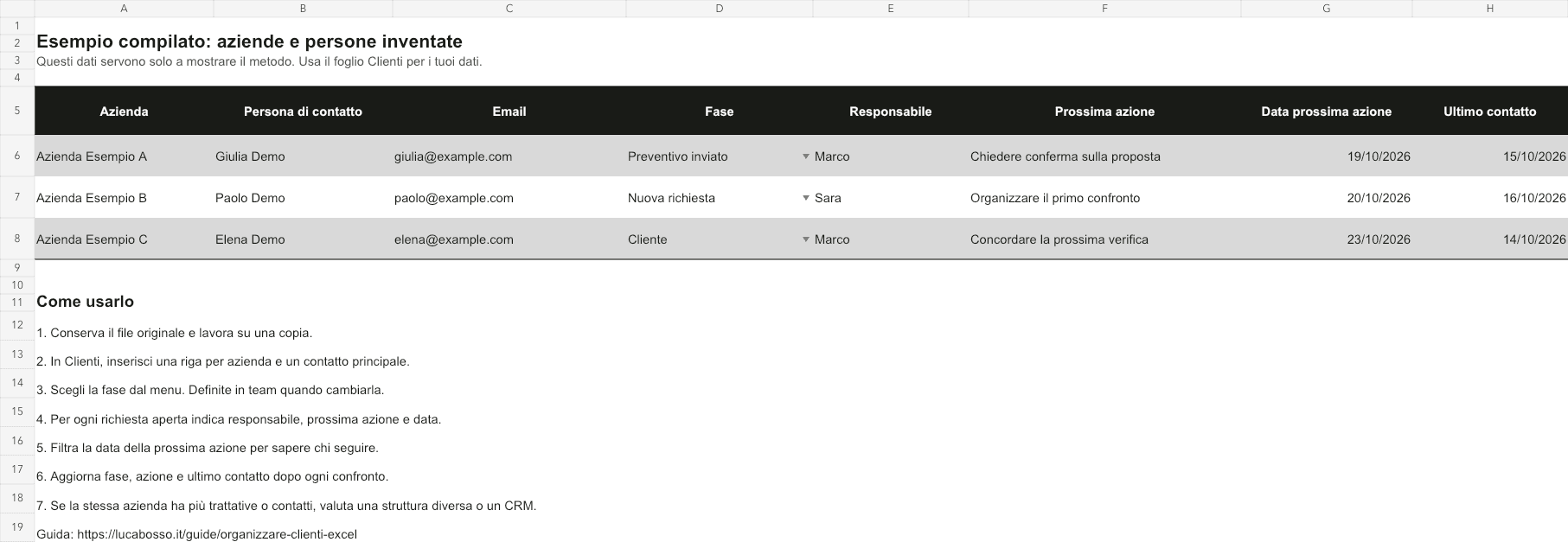 Anteprima del modello Excel: tre aziende inventate con fase, responsabile, azione e date di esempio